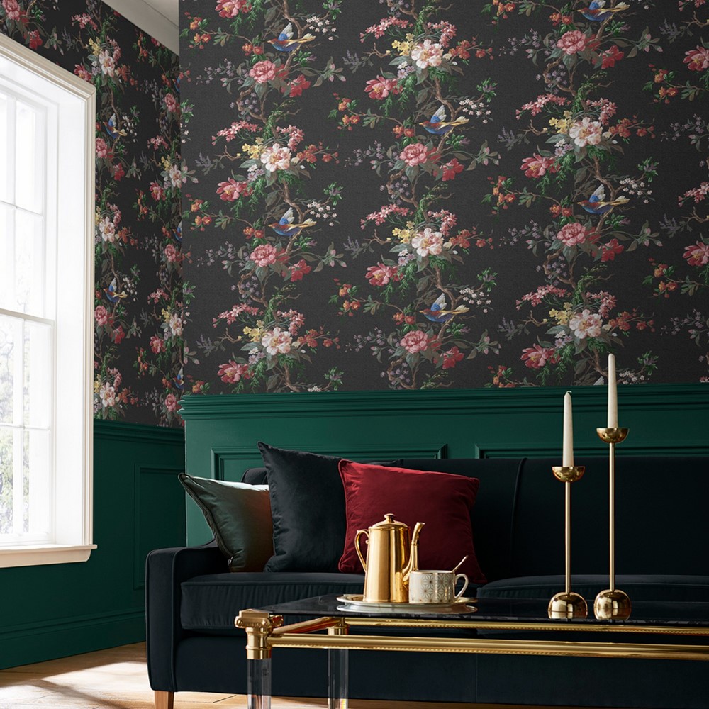 Venetian Floral Wallpaper 107876 by Graham & Brown in Noir Black